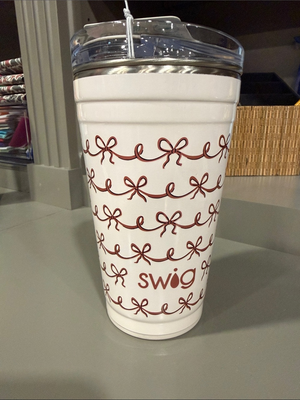 Swig White Tumbler with Red Ribbon Pattern - Insulated Drinkware